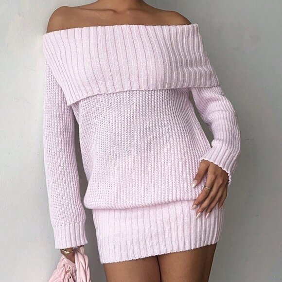 Pink Casual Women's Valentine's Day One Shoulder Knit Mini Dress - Picture 4 of 8